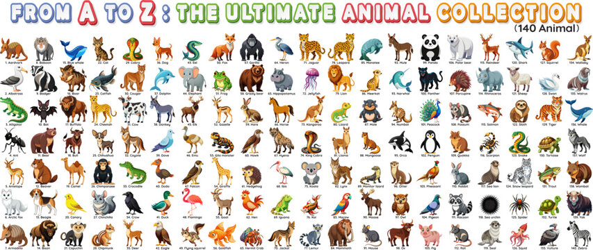 set of animals collection arranged in alphabetical order from a to z, perfect for design and educati