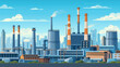 Industrial site or zone with factories, manufacturing plants, power stations, warehouses, cooling towers against city buildings on background. Flat cartoon colorful vector illustration for banner.