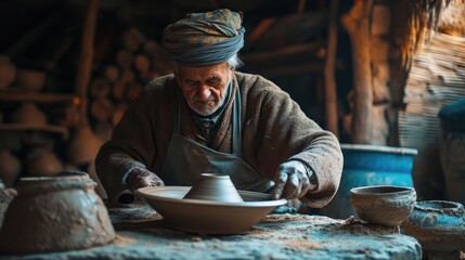 Wall Mural - An experienced potter meticulously shapes wet clay on a spinning wheel in a rustic pottery workshop surrounded by his creations. Resplendent.