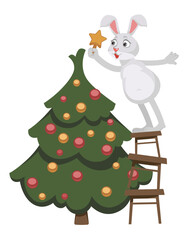 Wall Mural - Rabbit character decorating pine tree for xmas