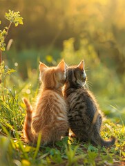 Wall Mural - two kittens sitting side by side in a warm patch of spring sunlight in the field 