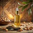 Argan oil in bottle with Argan nut seeds on beautiful golden luxury scene background, used for cosmetic skin hair care and healthy culinary purpose. Generative AI
