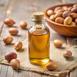 Argan oil in bottle with argan nut seeds on wooden table used for cosmetic skin hair care and healthy culinary purpose. Generative AI