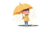 Cartoon Little Boy Holding Umbrella In The Rain Flat