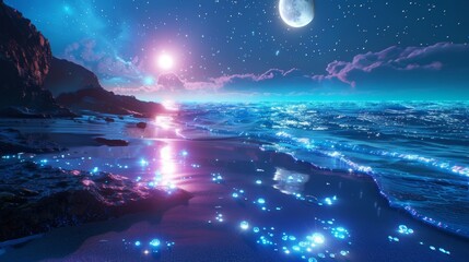 Wall Mural - Blue beach with moonlight, sparkling stars.