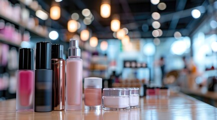 Cosmetics products on table inside shop.