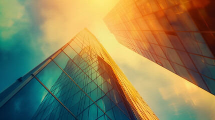 Two tall glass skyscrapers, modern architecture in golden sunlight against a sky background.