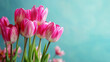 Pink tulips on teal background with room for text