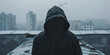 Rooftop ambiance hooded man with hidden face.AI Generative