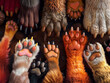 Close-up on a group of cartoonish animal feet, including paws, hooves, and claws, all raised, celebrating diversity and cooperation