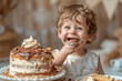 An adorable and cute boy eating a chocolate cake, yummy, delicious, smiling boy, dirty face, chocolate melting, kid portrait