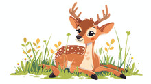 Cute Cartoon Deer Laying In The Grass Flat Vector 