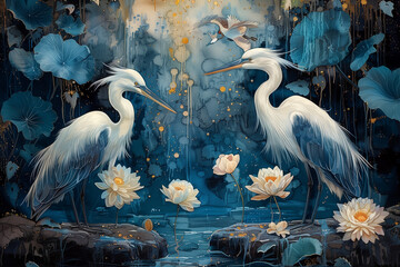 Batik-style wildlife scenes merge traditional aesthetics with nature's beauty, creating unique and captivating imagery. beautiful cranes