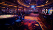 A 4K HDR cruise ship's casino with glitzy decor and guests trying their luck at roulette and slot machines.