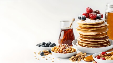 Wall Mural - Delicious breakfast spread with pancakes and berries, ideal for a healthy start. Simple, appetizing, perfect for culinary themes. Food photography. AI