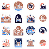 Fototapeta Londyn - Moroccan Landmarks  and vibes Vector Silhouette Icons and Pictograms Set	
