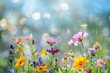 Eine Blumenwiese mit vielen verschiedenen bunten Blumen, leuchtender Bokeh Hintergrund 
