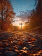 Spiritual cross of Christ, serene autumn sunrise backdrop, warm hues, low angle