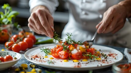 Sticker - Chef Finishing Gourmet Dish with Herbs, Culinary Art in Action. A Professional Kitchen Scene Capturing the Final Touches to a Delicious Meal. Focus on Fresh Ingredients and Culinary Skill. AI