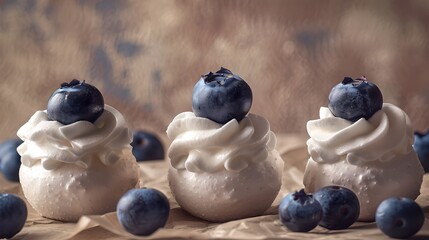 Wall Mural - Whipped cream dollops topped with fresh blueberries on rustic backdrop. Perfect for culinary blogs. Simple, delicious, homemade dessert concept. AI