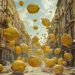 A parade of levitating lemons winds through the city, their citrus scent trailing behind like a refreshing breeze