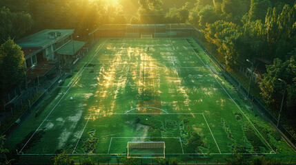 Wall Mural - Soccer field with green grass and sunlight in the evening. Selective focus