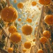 Oranges assemble in the air, forming a floating, juicy sun that drips golden rays onto the streets below , super detailed