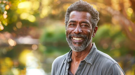 Wall Mural - Black afro american man in his 50s who exudes happiness and a sense of feeling truly alive in a beautiful natural park near a lake, genuine smile on his face, relaxed and confident male who found joy