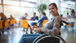 © Luluraschi - portrait of disabled woman sitting on wheelchair, at a coworking space, public space, disabled at work, inclusion