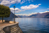 Fototapeta Paryż - View on Lake Como, Italy with snow covered mountains in the background