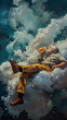 Giant reclining on cloud, holding a beer, as tiny airplanes circle around, a perspective of leisure and scale