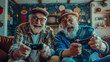 Two happy retired old men playing video games holding gamepads