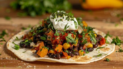 Wall Mural - Vegetarian Tacos: A colorful vegetarian taco with black beans, roasted vegetables, and a dollop of vegan sour cream