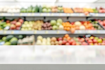 Wall Mural - Empty white table top, blurred vegetable and fruit shelf background