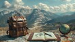 Travel journal with pen, globe and backpack, mountains and clear sky. Backpack and globe next to journal, panoramic mountain view.