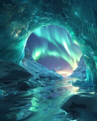 Ice Caves, frost-covered rocks, deep icy caverns explored by a daring team of researchers, mystical polar aurora shimmering above, 3D render, backlights, chromatic aberration