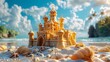 a sandcastle adorned with kids' toys and surrounded by sandcastle building tools against a scenic vacation beach backdrop.