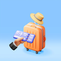 Wall Mural - 3d Airline Ticket, Travel Bag and Summer Hat. Render Paper Ticket with Plane Icon, Suitcase and Straw Hat. Travel Element. Holiday or Vacation. Transportation Document. Vector Illustration