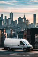 Wall Mural - A white van is driving down a city street in front of a tall building