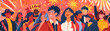 Illustration multicultural group of worker from different professions standing side by side with a celebration theme including fireworks in the background.