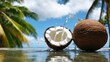 © Alexander - Bounty blue coconut tree landscape. Ripe coconut halves, palm leaves and splashes of milk on a sky background