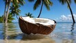 © Alexander - Bounty blue coconut tree landscape. Ripe coconut halves, palm leaves and splashes of milk on a sky background