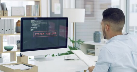 Poster - Angry businessman, computer and smashing keyboard at office on desk in destruction or violence. Man or employee in anger management, destroy or crisis with system failure or problems at workplace