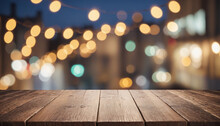 Empty Wooden Table With A Background Of Out-of-focus City Or Christmas Lights Colorful Background