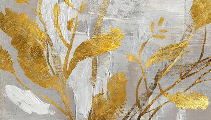 Wall Mural - Oil on canvas. Abstract artistic background. Golden brushstrokes. Textured background. Floral, figure, grey, wallpaper, poster, card, mural, rug, hanging, print, wall art
