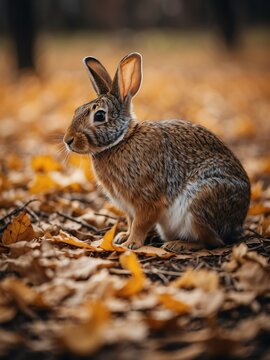 portrait of eastern cottontail rabbit on outdoor park in city at autumn with trees on background looking at camera from Generative AI