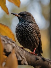 Wall Mural - portrait of european starling bird on outdoor park in city at autumn with trees on background looking at camera from Generative AI