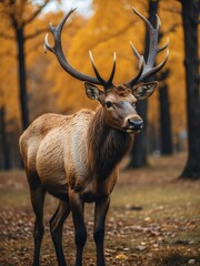 Wall Mural - portrait of elk on outdoor park in city at autumn with trees on background looking at camera from Generative AI
