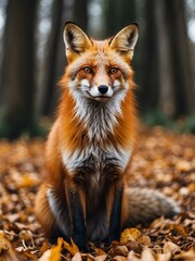 Wall Mural - portrait of fox on outdoor park in city at autumn with trees on background looking at camera from Generative AI