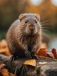 portrait of muskrat on outdoor park in city at autumn with trees on background looking at camera from Generative AI